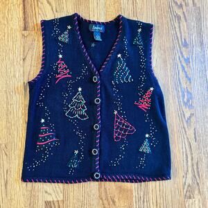 VTG Christmas Tree Vest Womens S Beaded Embellished Embroidered Ugly Sweater